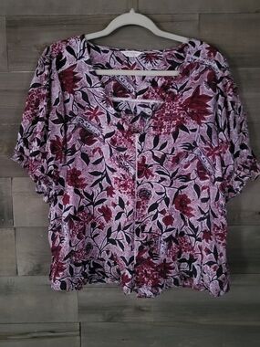Lucky Brand Burgundy Floral Puff Sleeve Blouse Boho Romantic Short Sleeve Top L
